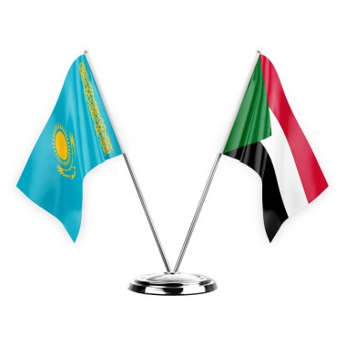 Two table flags isolated on white background 3d illustration, kazakhstan and sudan