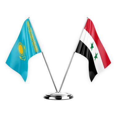Two table flags isolated on white background 3d illustration, kazakhstan and syria