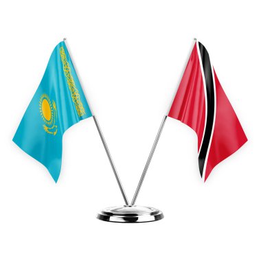 Two table flags isolated on white background 3d illustration, kazakhstan and tobago