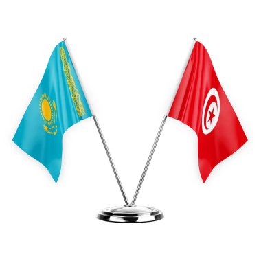 Two table flags isolated on white background 3d illustration, kazakhstan and tunisia