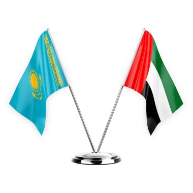 Two table flags isolated on white background 3d illustration, kazakhstan and united arab emirates