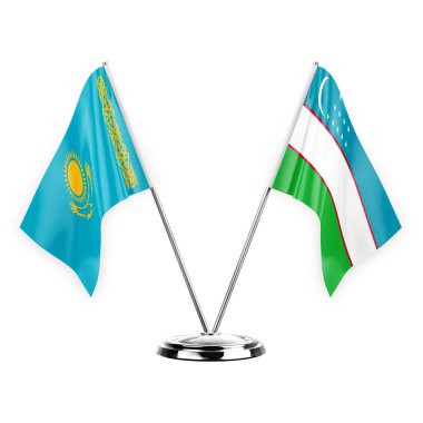 Two table flags isolated on white background 3d illustration, kazakhstan and uzbekistan