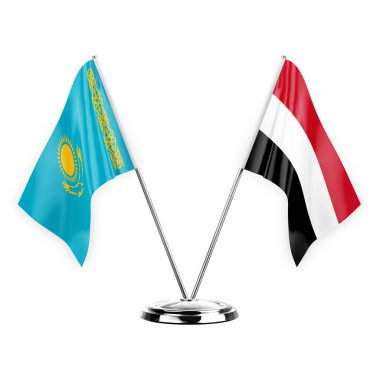 Two table flags isolated on white background 3d illustration, kazakhstan and yemen