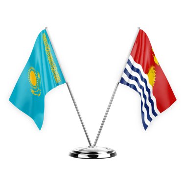 Two table flags isolated on white background 3d illustration, kazakhstan and kiribati
