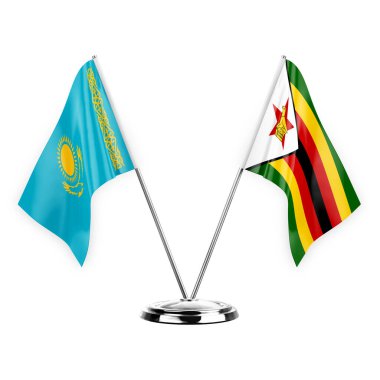 Two table flags isolated on white background 3d illustration, kazakhstan and zimbabwe