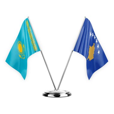 Two table flags isolated on white background 3d illustration, kazakhstan and kosovo