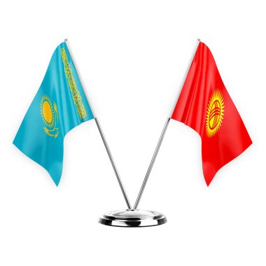 Two table flags isolated on white background 3d illustration, kazakhstan and kyrgyzstan