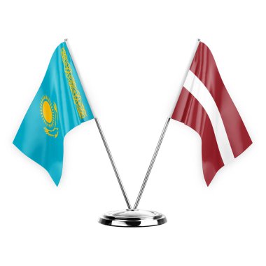 Two table flags isolated on white background 3d illustration, kazakhstan and latvia