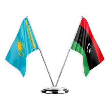 Two table flags isolated on white background 3d illustration, kazakhstan and libya