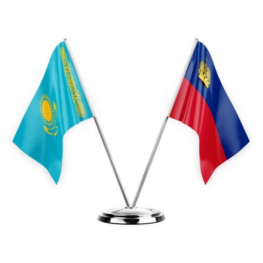 Two table flags isolated on white background 3d illustration, kazakhstan and liechtenstein