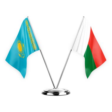 Two table flags isolated on white background 3d illustration, kazakhstan and madagascar