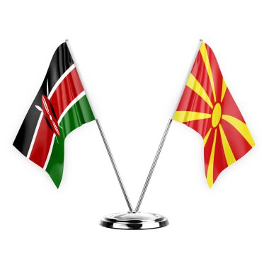Two table flags isolated on white background 3d illustration, kenya and north macedonia