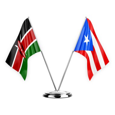 Two table flags isolated on white background 3d illustration, kenya and puerto rico