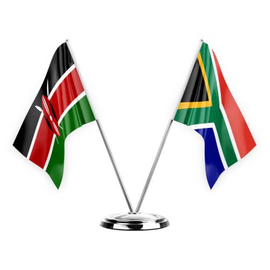 Two table flags isolated on white background 3d illustration, kenya and south africa