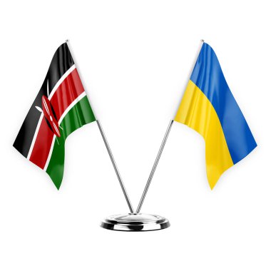 Two table flags isolated on white background 3d illustration, kenya and ukraine