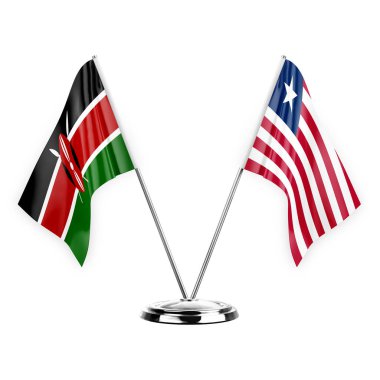 Two table flags isolated on white background 3d illustration, kenya and liberia