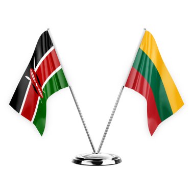 Two table flags isolated on white background 3d illustration, kenya and lithuania