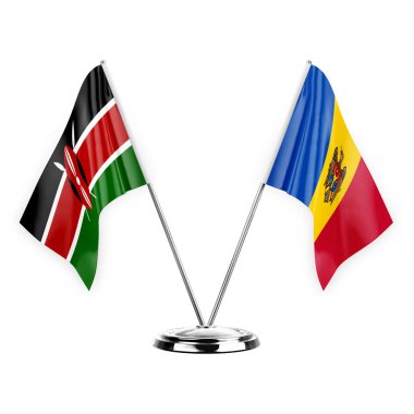 Two table flags isolated on white background 3d illustration, kenya and moldova