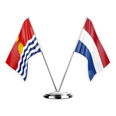 Two table flags isolated on white background 3d illustration, kiribati and netherlands