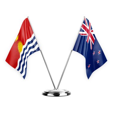 Two table flags isolated on white background 3d illustration, kiribati and new zealand