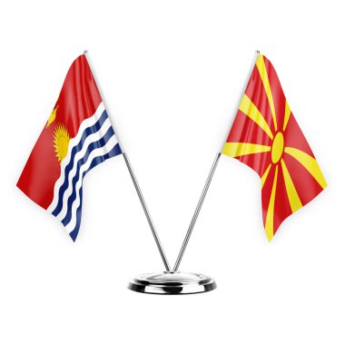 Two table flags isolated on white background 3d illustration, kiribati and north macedonia