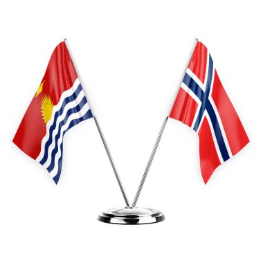 Two table flags isolated on white background 3d illustration, kiribati and norway