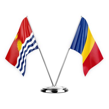 Two table flags isolated on white background 3d illustration, kiribati and romania