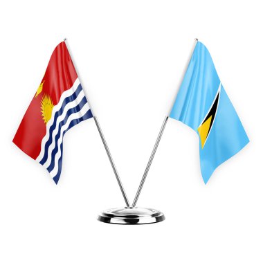 Two table flags isolated on white background 3d illustration, kiribati and saint lucia