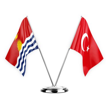 Beyaz arka planda izole edilmiş iki masa bayrakları 3 boyutlu illüstrasyon, kiribati ve hindi