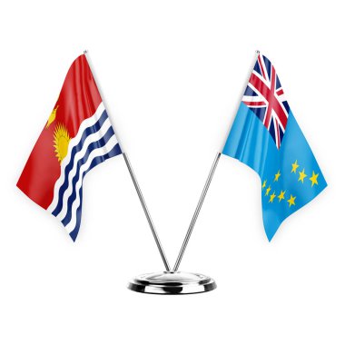 Beyaz arka planda iki masa bayrağı izole edildi. 3D illüstrasyon, kiribati ve tuvalu.