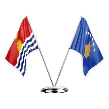 Beyaz arka planda iki masa bayrağı izole edildi. 3D illüstrasyon, kiribati ve Kosova