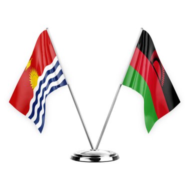 Beyaz arka planda izole edilmiş iki masa bayrakları. 3D illüstrasyon, kiribati ve malawi.