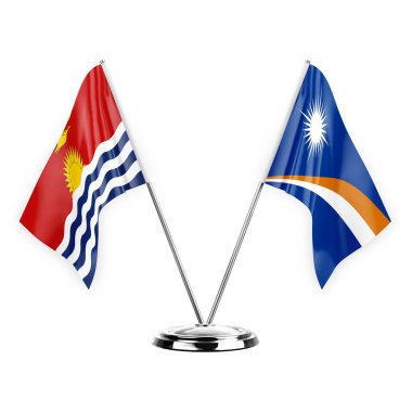 Beyaz arka planda izole edilmiş iki masa bayrakları 3D illüstrasyon, kiribati ve Marshall adaları