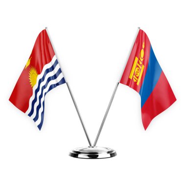 Beyaz arka planda izole edilmiş iki masa bayrağı. 3 boyutlu illüstrasyon, kiribati ve Moğolistan.