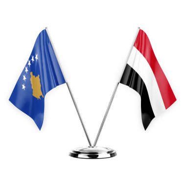 Beyaz arka planda izole edilmiş iki masa bayrağı. 3D illüstrasyon, Kosova ve Yemen.