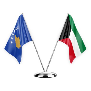 Beyaz arkaplanda iki masa bayrağı izole edildi. 3D illüstrasyon, Kosova ve Kuveyt