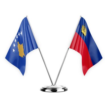 Beyaz arka planda izole edilmiş iki masa bayrağı. 3D illüstrasyon, Kosova ve Lihtenştayn.