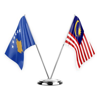 Two table flags isolated on white background 3d illustration, kosovo and malaysia