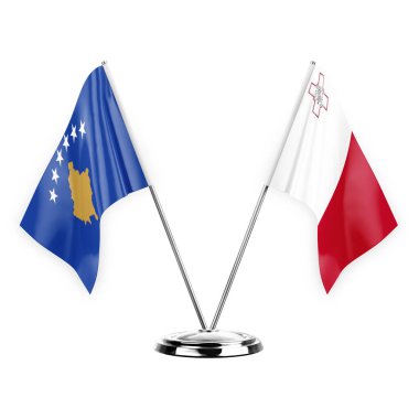 Two table flags isolated on white background 3d illustration, kosovo and malta