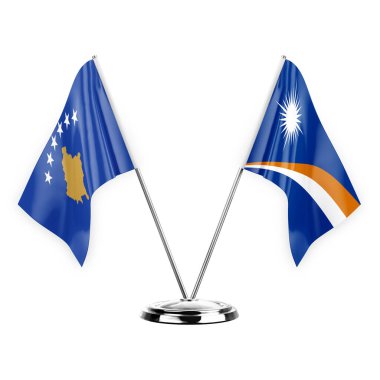 Two table flags isolated on white background 3d illustration, kosovo and marshall islands
