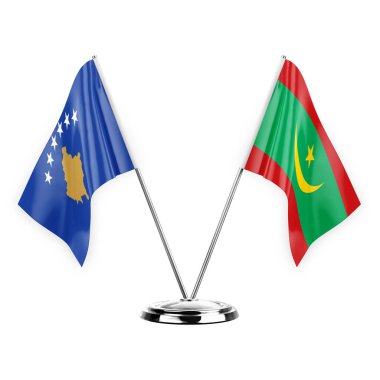 Two table flags isolated on white background 3d illustration, kosovo and mauritania