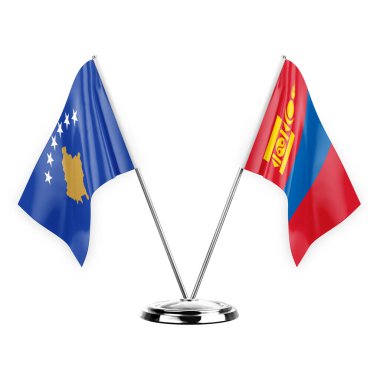 Two table flags isolated on white background 3d illustration, kosovo and mongolia