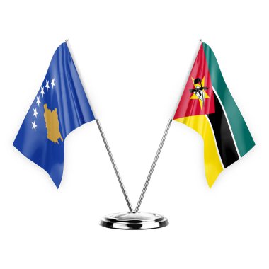 Two table flags isolated on white background 3d illustration, kosovo and mozambique