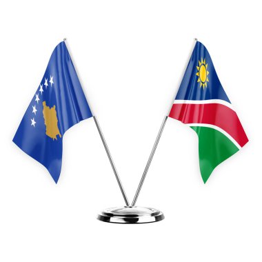Two table flags isolated on white background 3d illustration, kosovo and namibia