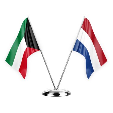 Two table flags isolated on white background 3d illustration, kuwait and netherlands