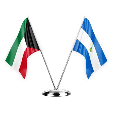 Two table flags isolated on white background 3d illustration, kuwait and nicaragua