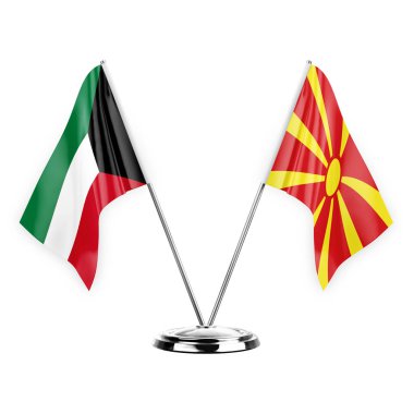 Two table flags isolated on white background 3d illustration, kuwait and north macedonia