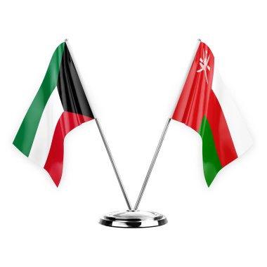 Two table flags isolated on white background 3d illustration, kuwait and oman