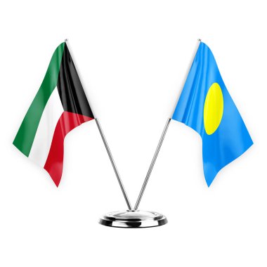 Two table flags isolated on white background 3d illustration, kuwait and palau