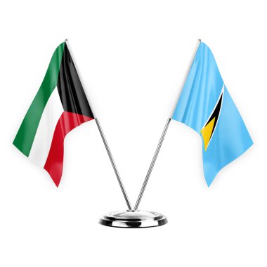 Two table flags isolated on white background 3d illustration, kuwait and saint lucia